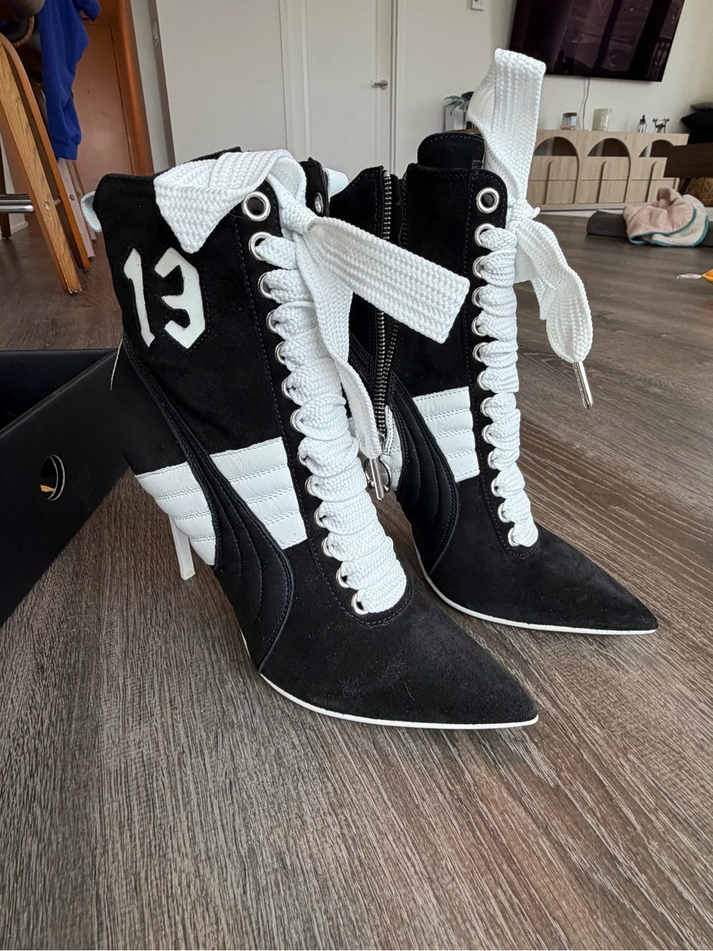 Black and White Lace-Up Stiletto Ankle Boots - Picture 1 of 9